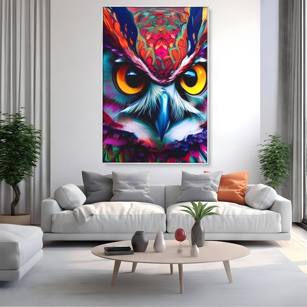 Tablou canvas cu portret digital de bufnita colorata, in rama de aluminiu argintiu, pe perete intr-un living